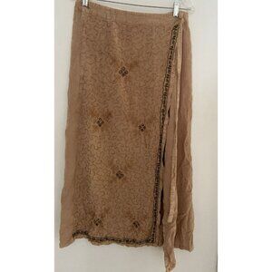 Women's Magic wrap skirt India 100% rayon one size small beige/tan embroidered